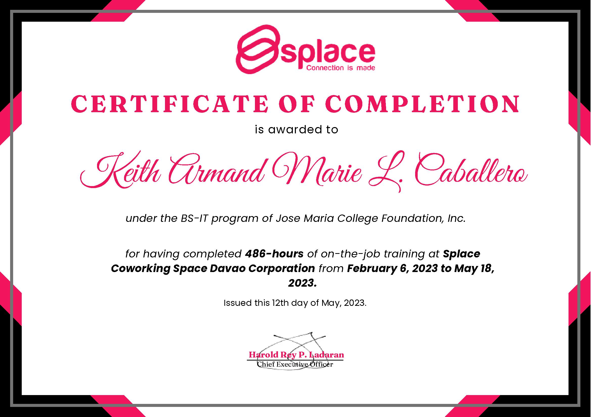 Splace Certificate of Completion